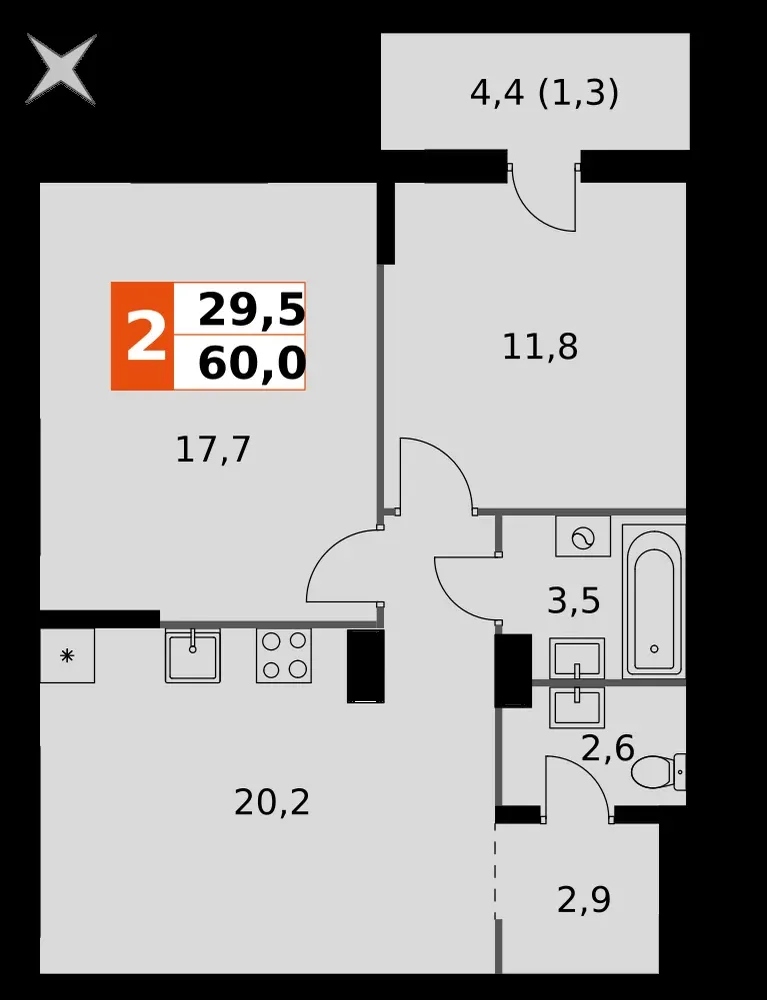 2-комнатная, 60 м² — 10 120 320 ₽