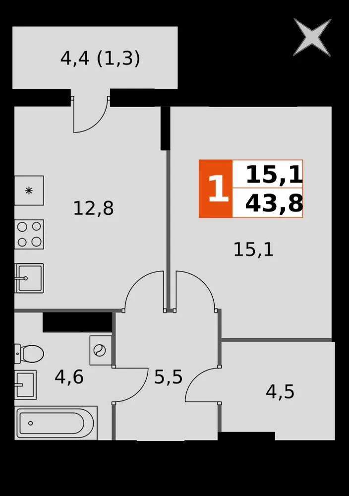 1-комнатная, 43,8 м² — 7 900 819 ₽