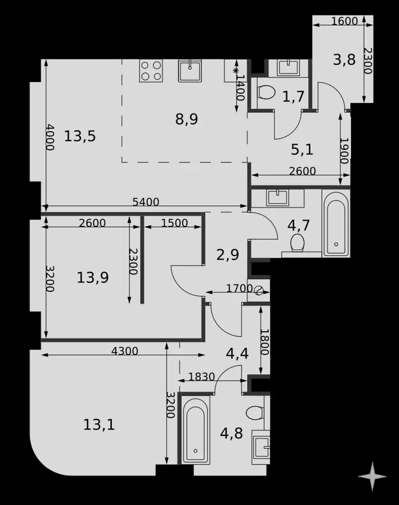 3-комнатная, 76,8 м² — 39 830 784 ₽