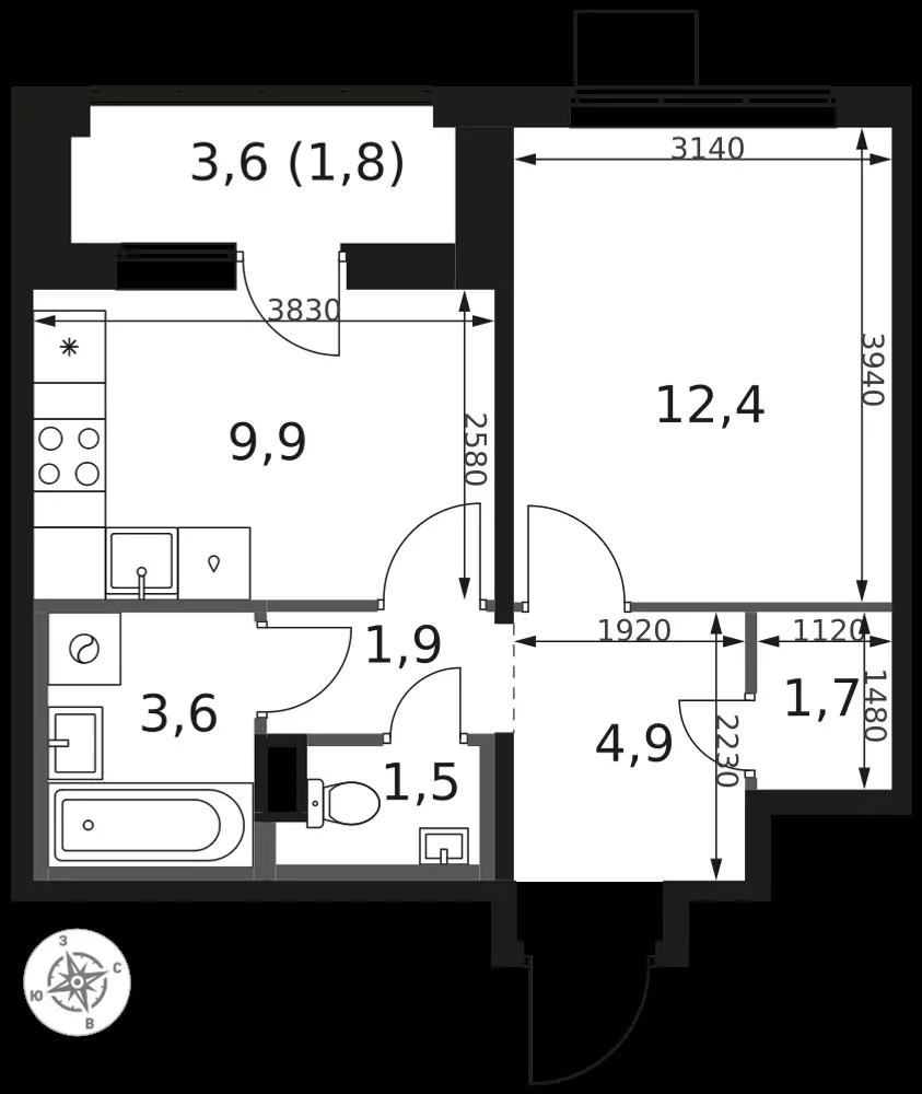 1-комнатная, 37,7 м² — 9 042 006 ₽