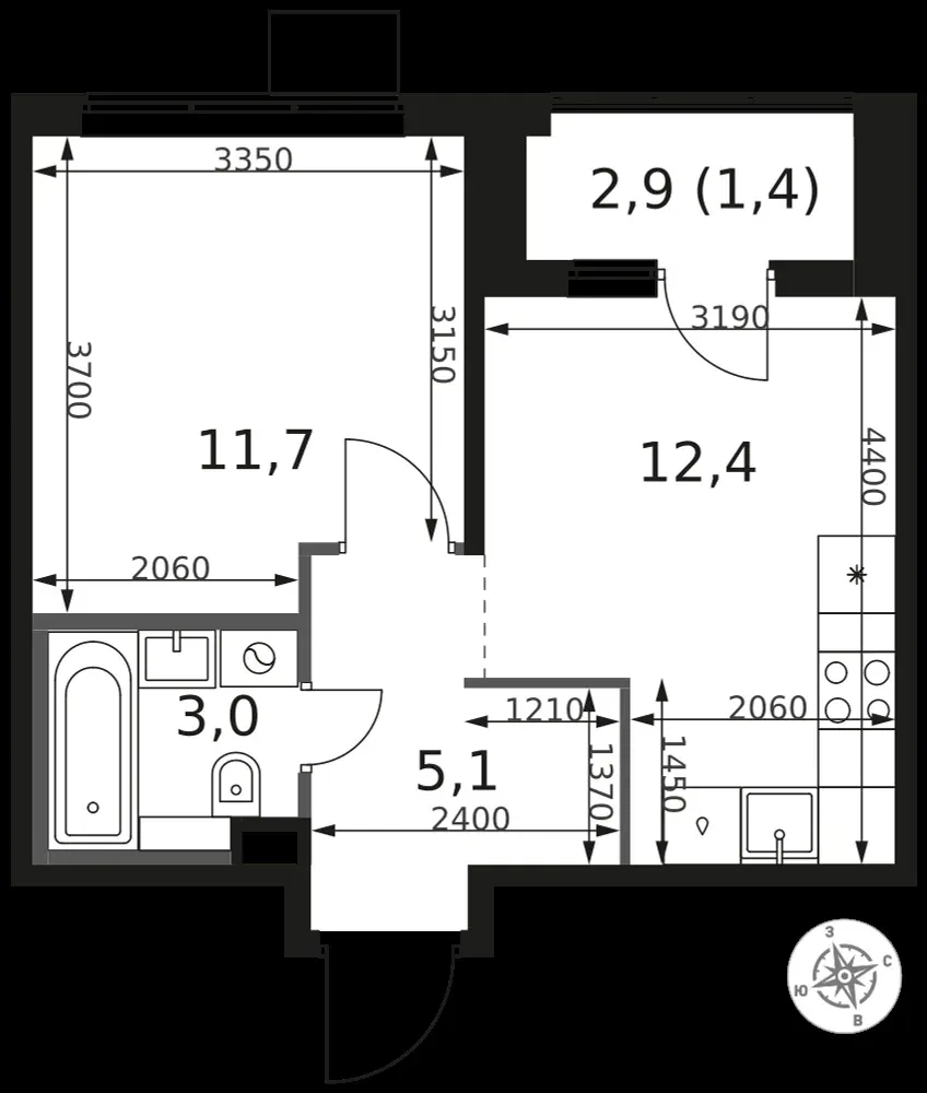 1-комнатная, 33,6 м² — 9 224 880 ₽