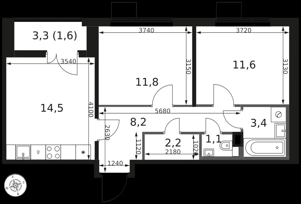 2-комнатная, 54,4 м² — 15 088 656 ₽