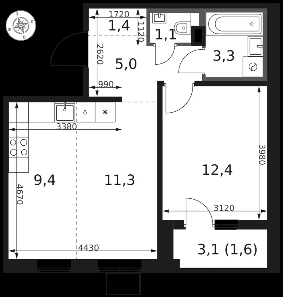 2-комнатная, 45,5 м² — 12 866 536 ₽