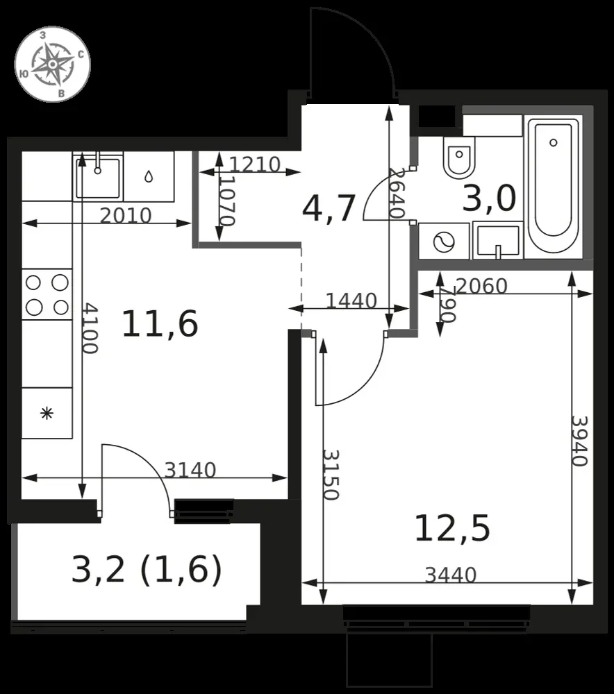 1-комнатная, 33,4 м² — 11 717 388 ₽