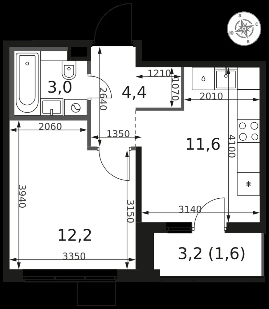 1-комнатная, 32,8 м² — 11 477 376 ₽