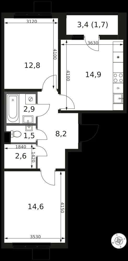 2-комнатная, 59,2 м² — 16 032 751 ₽