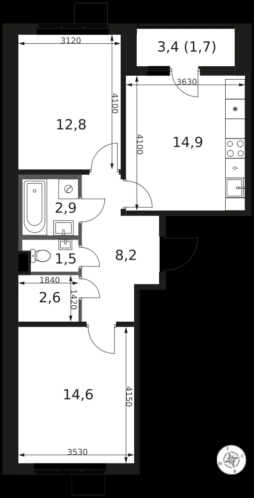 2-комнатная, 59,2 м² — 16 073 510 ₽