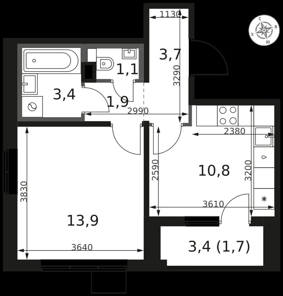 1-комнатная, 36,5 м² — 9 723 235 ₽