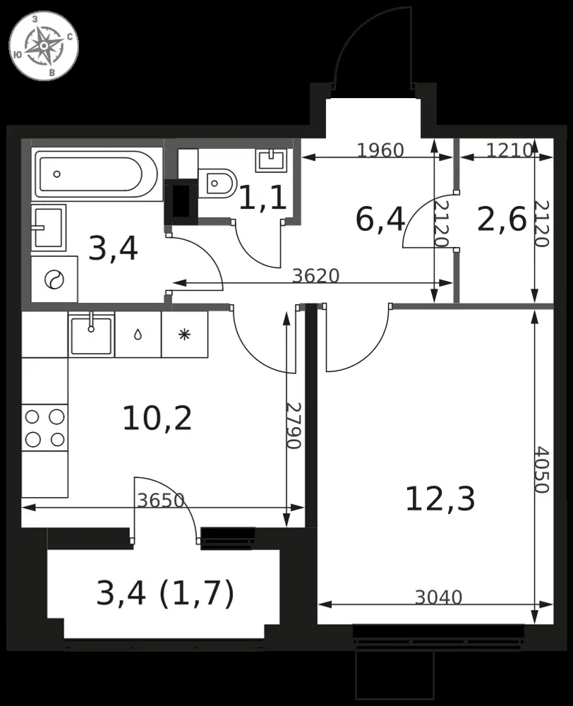 1-комнатная, 37,7 м² — 9 303 568 ₽