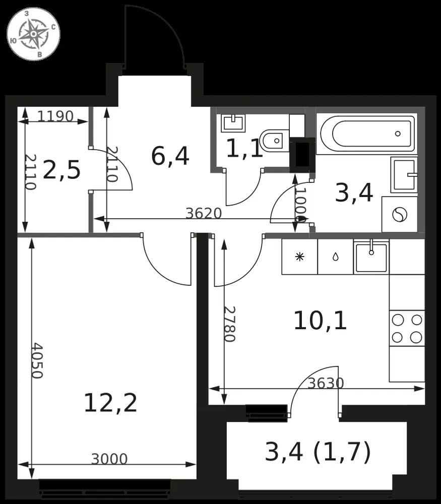 1-комнатная, 37,4 м² — 9 114 530 ₽