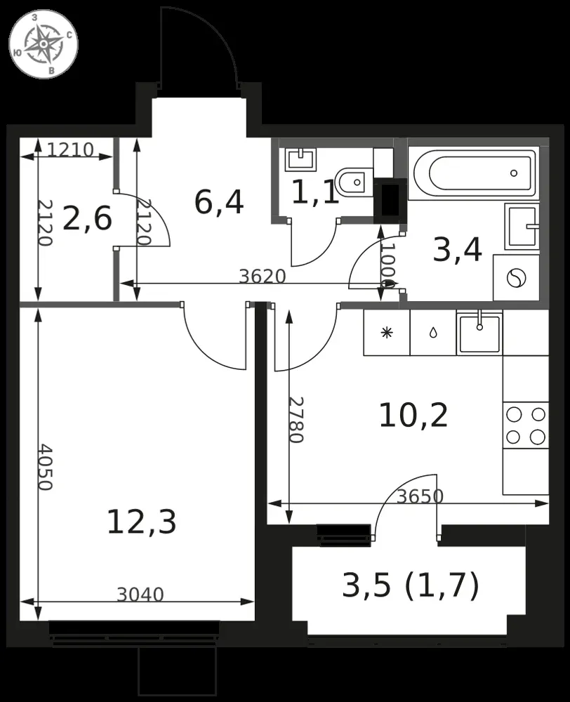 1-комнатная, 37,7 м² — 9 288 111 ₽