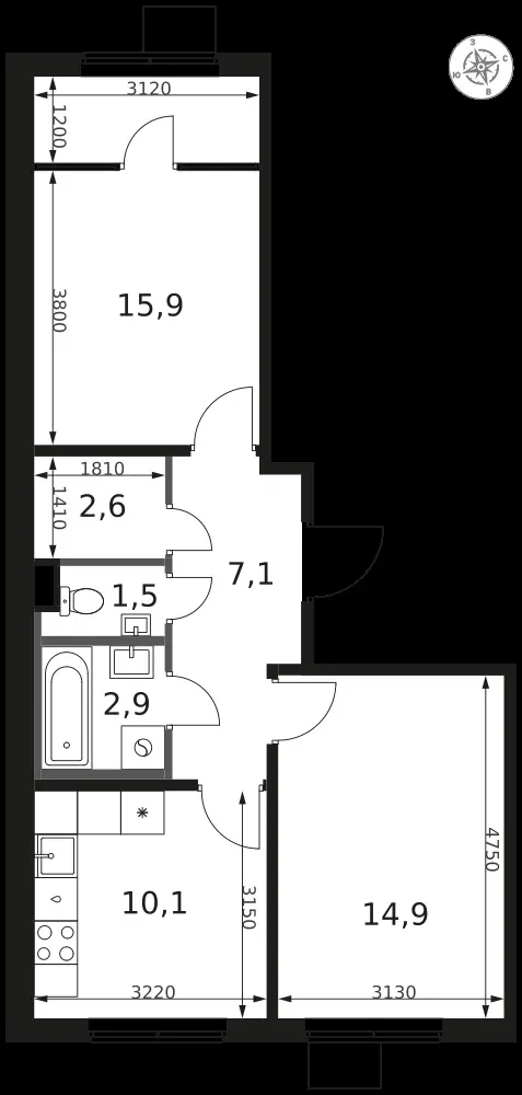 2-комнатная, 55 м² — 13 516 470 ₽