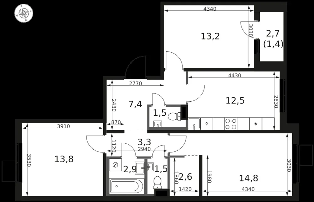 3-комнатная, 74,9 м² — 17 354 630 ₽