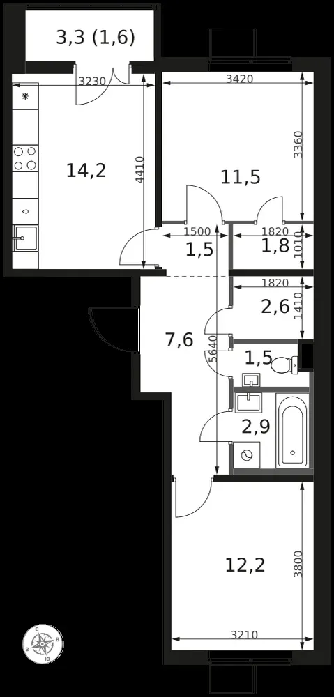 2-комнатная, 57,4 м² — 14 789 914 ₽