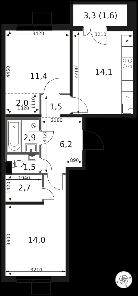 2-комнатная, 57,9 м² — 15 025 745 ₽
