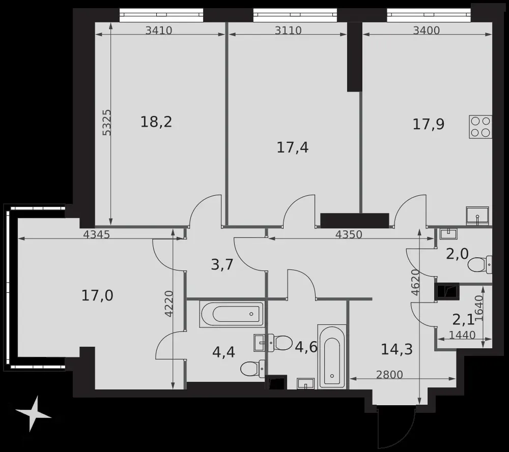 3-комнатная, 101,6 м² — 49 288 192 ₽