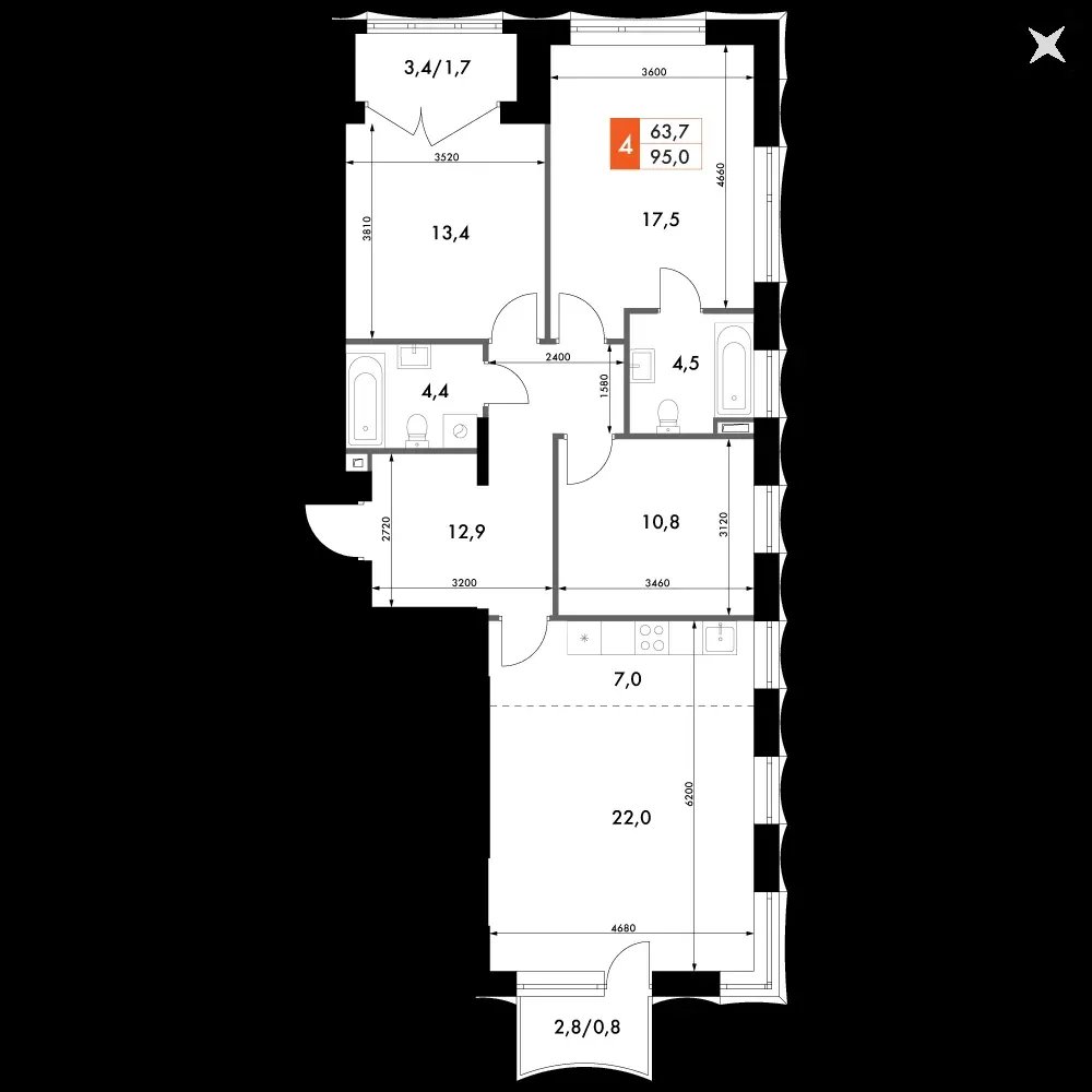 4-комнатная, 95 м² — 25 266 177 ₽
