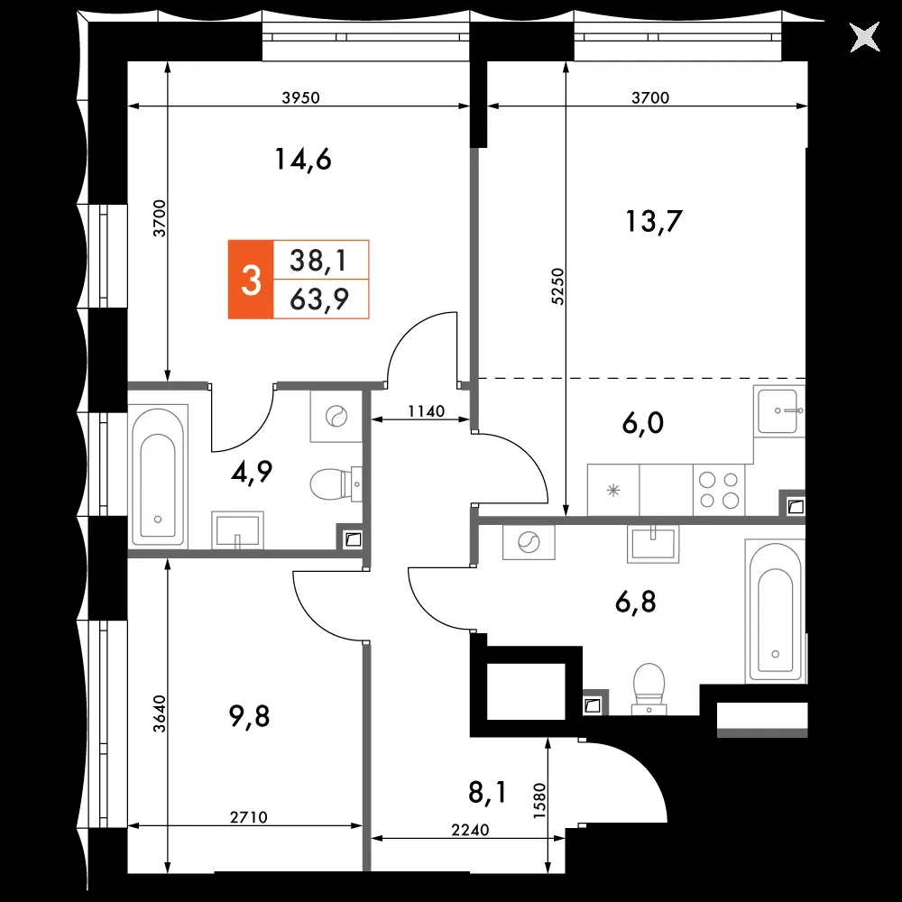 3-комнатная, 63,9 м² — 17 760 507 ₽