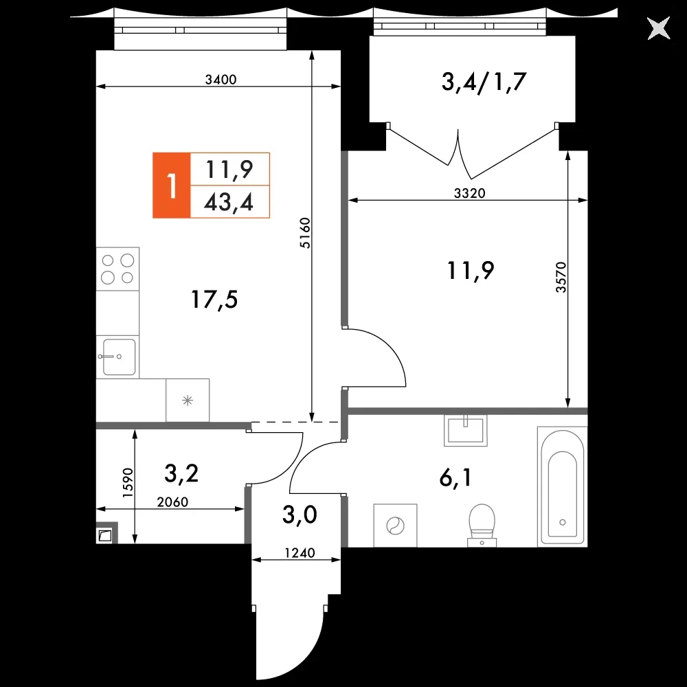 1-комнатная, 43,4 м² — 15 868 984 ₽