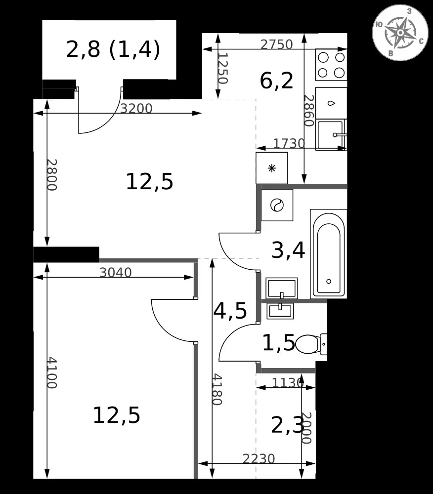 2-комнатная, 44,3 м² — 17 281 430 ₽