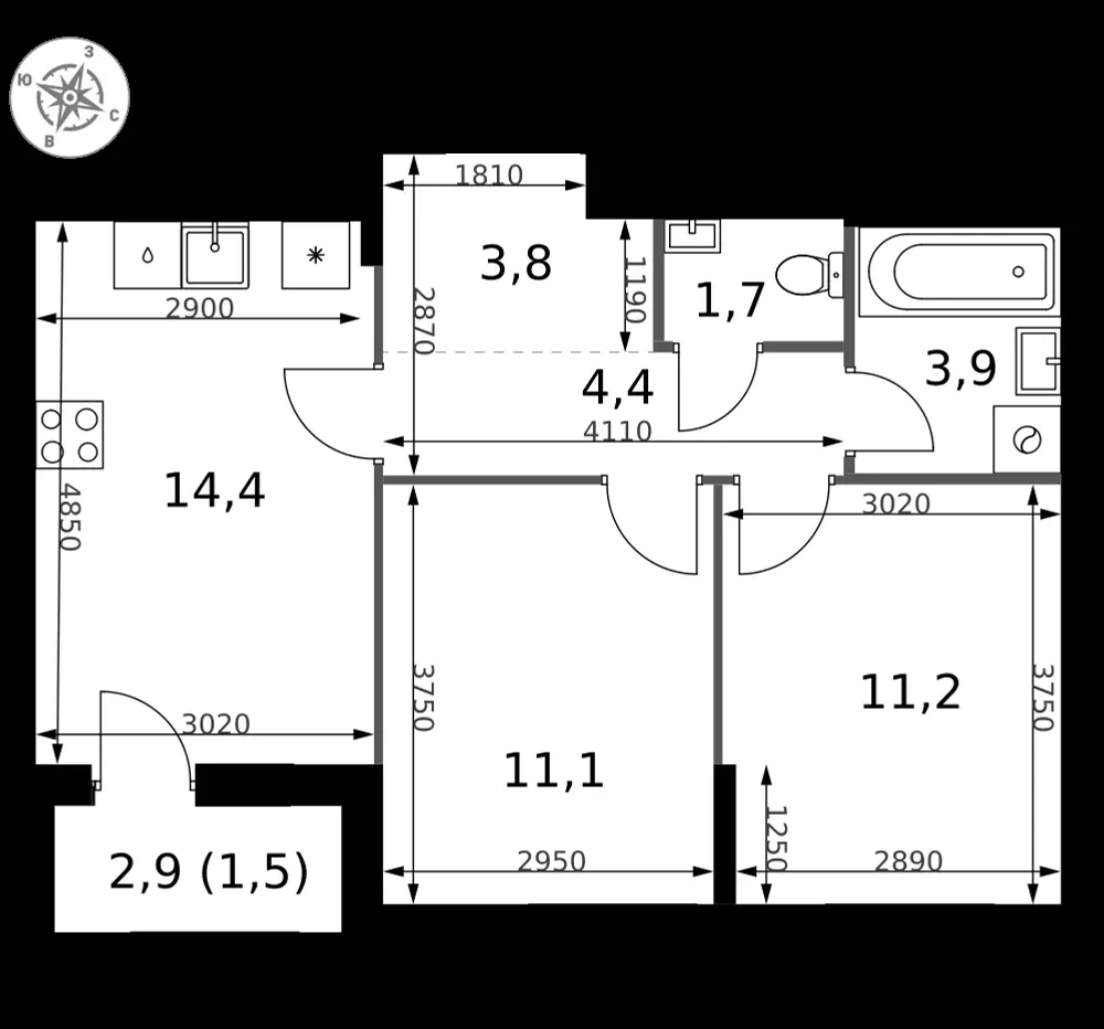 2-комнатная, 52 м² — 19 762 184 ₽
