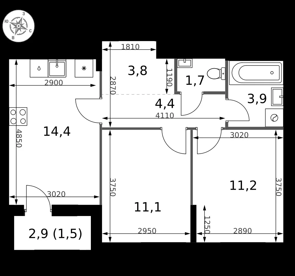 2-комнатная, 52 м² — 21 199 256 ₽