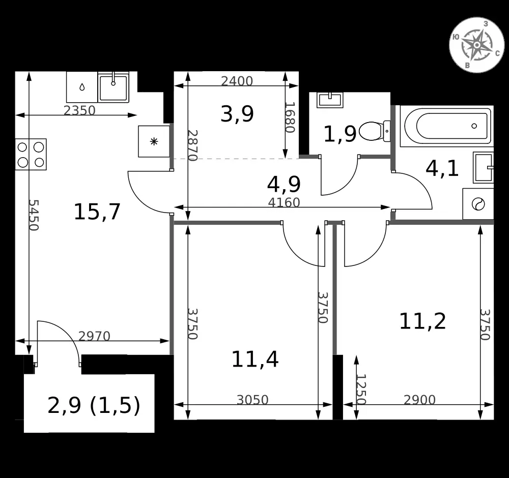 2-комнатная, 54,6 м² — 20 237 053 ₽