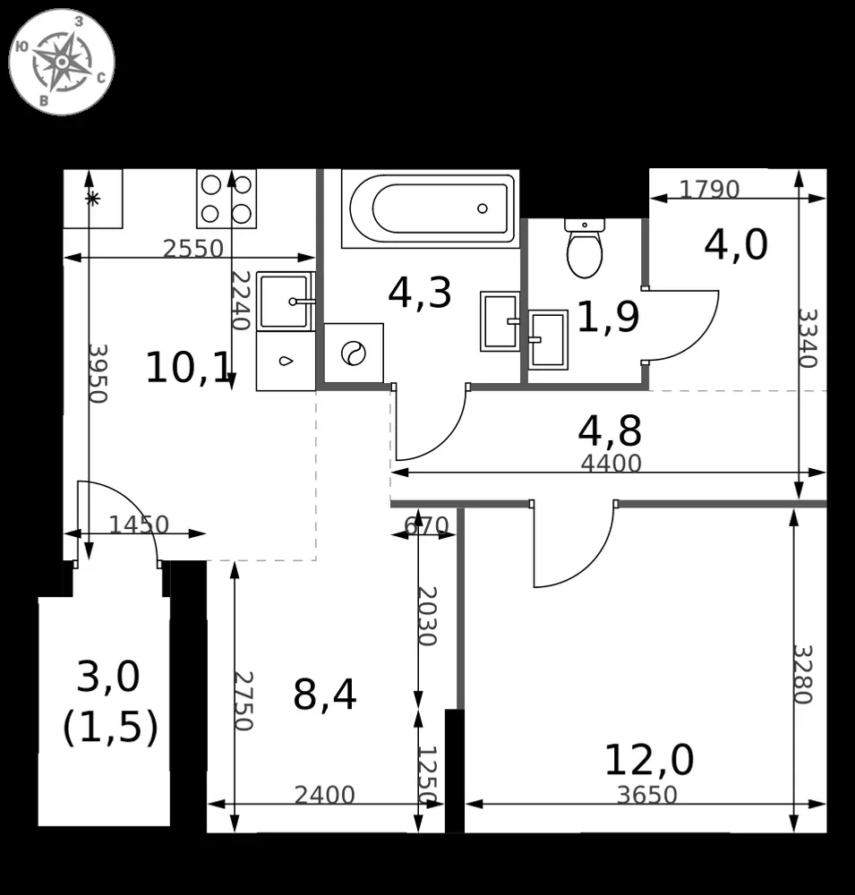 2-комнатная, 47 м² — 17 782 450 ₽