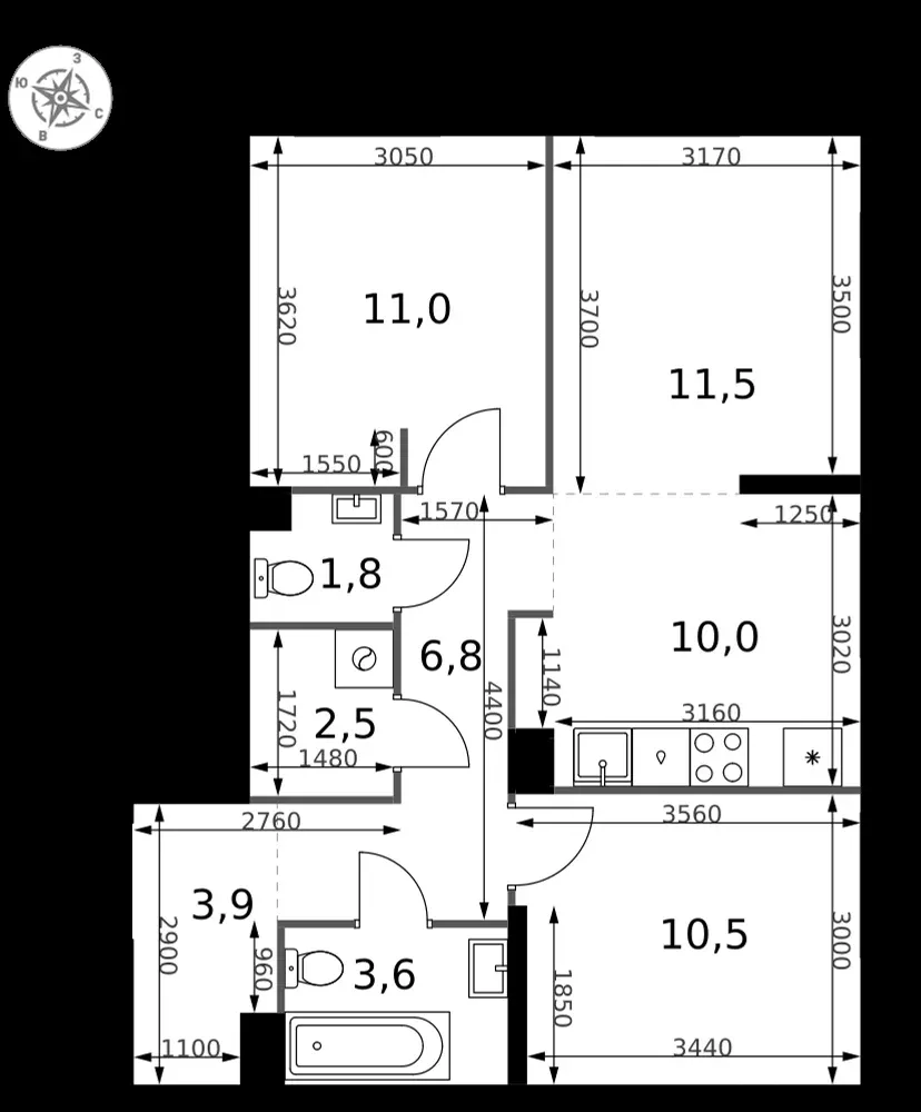 3-комнатная, 61,6 м² — 23 285 108 ₽