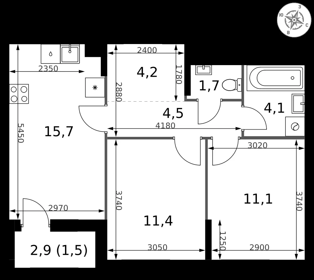 2-комнатная, 54,2 м² — 20 190 692 ₽