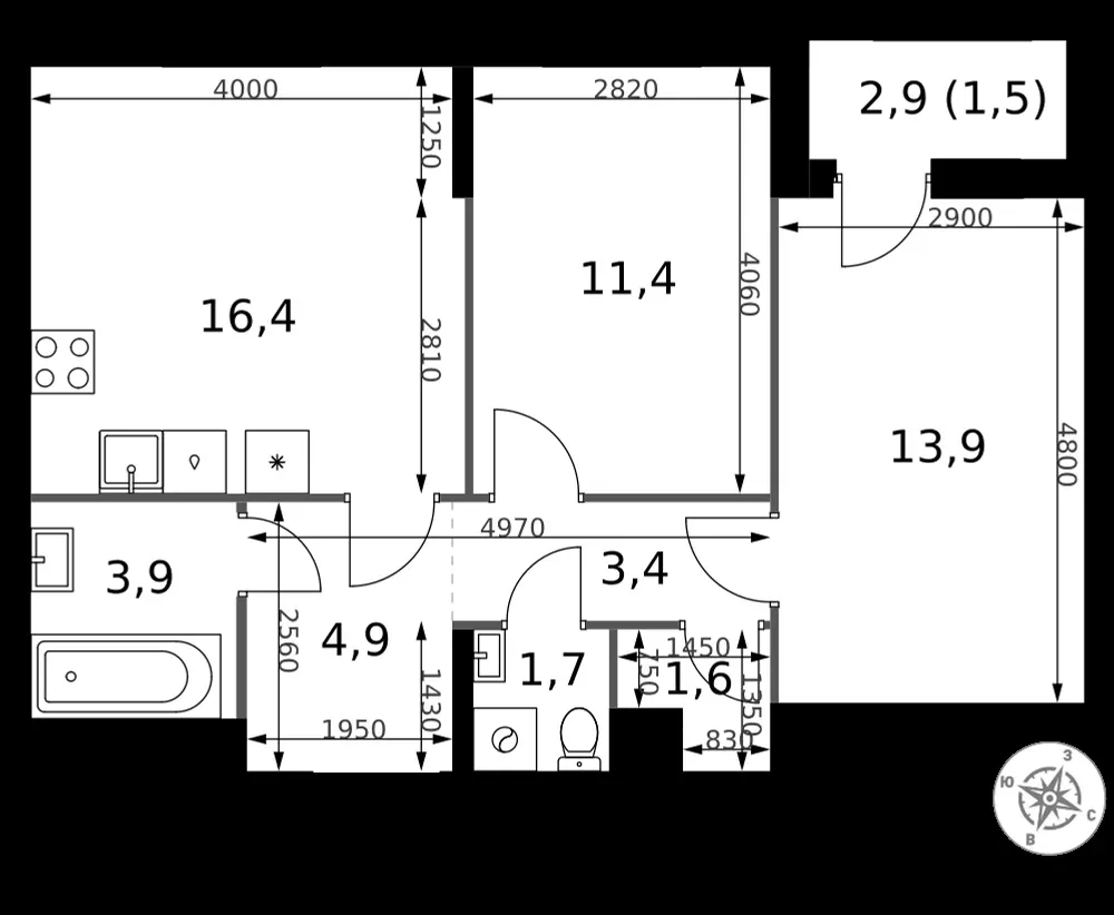 2-комнатная, 58,7 м² — 23 649 291 ₽