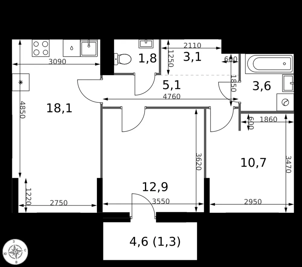 2-комнатная, 56,6 м² — 23 388 252 ₽