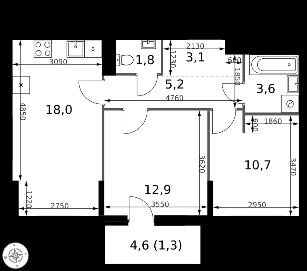2-комнатная, 56,6 м² — 21 768 643 ₽