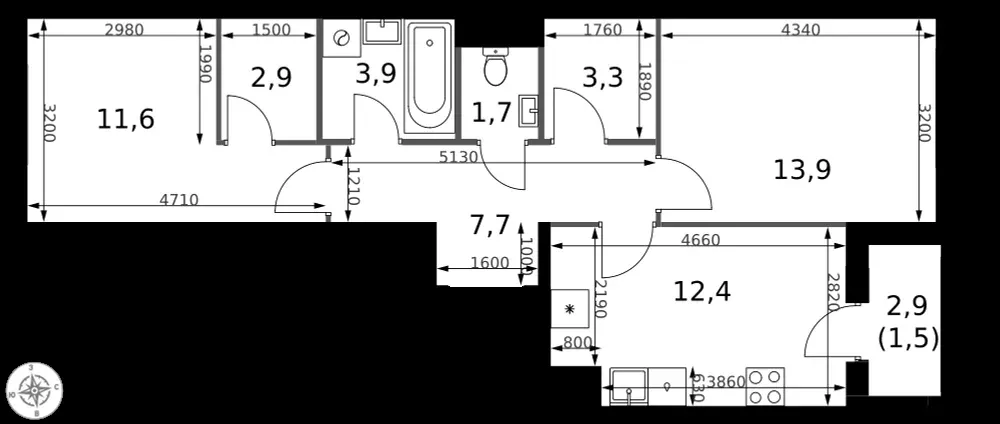 2-комнатная, 58,9 м² — 23 824 461 ₽