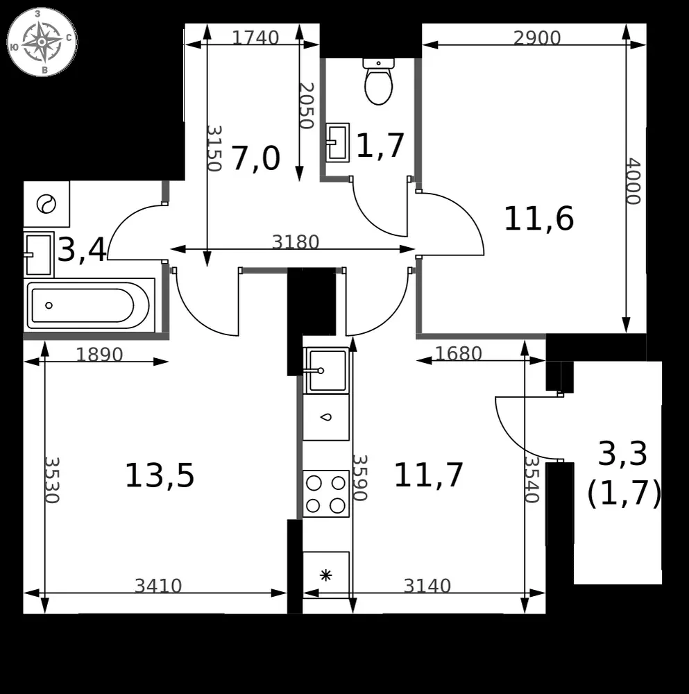 2-комнатная, 50,6 м² — 20 913 840 ₽