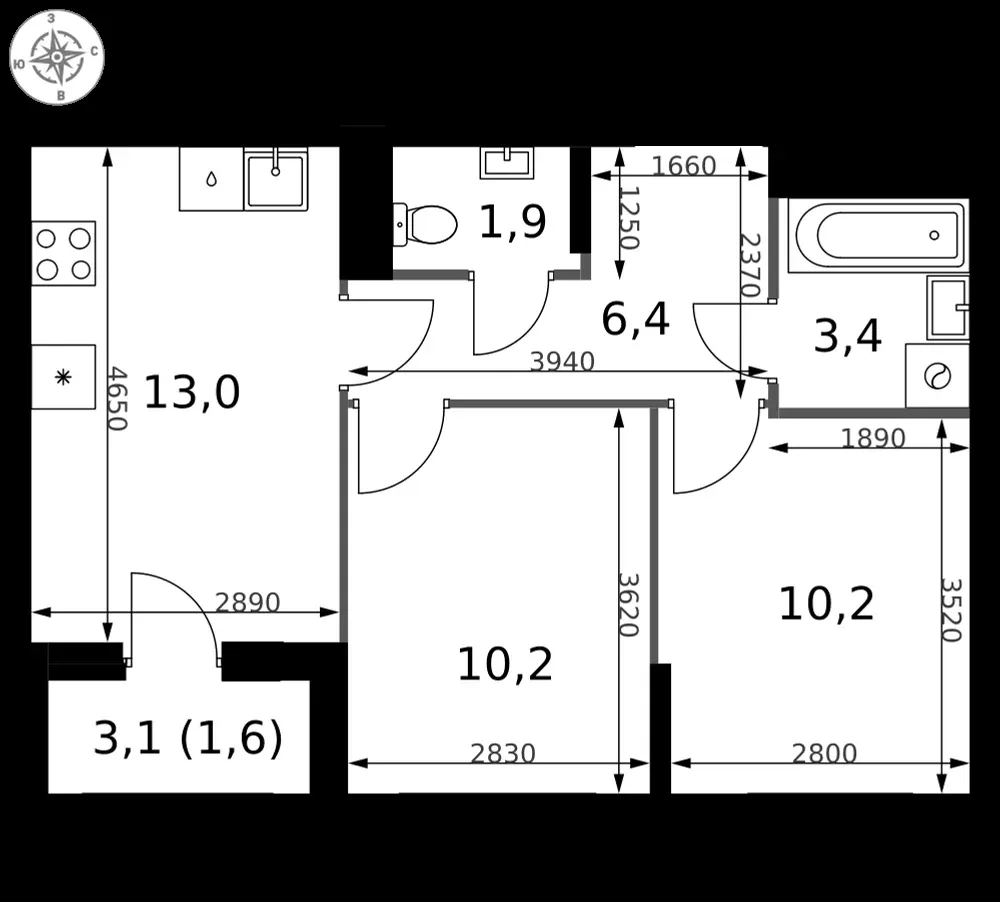 2-комнатная, 46,7 м² — 20 017 628 ₽