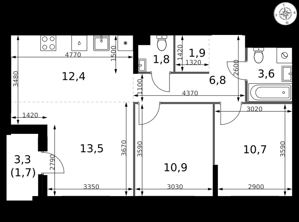 3-комнатная, 63,3 м² — 25 169 599 ₽