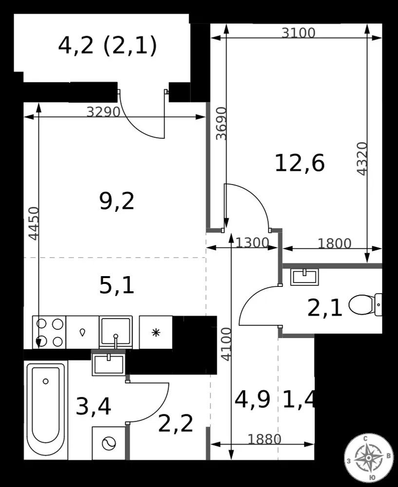 2-комнатная, 43 м² — 18 886 288 ₽