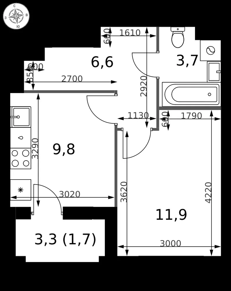 1-комнатная, 33,7 м² — 15 730 756 ₽