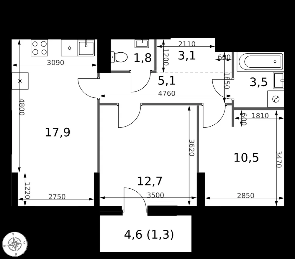 2-комнатная, 55,9 м² — 24 563 019 ₽