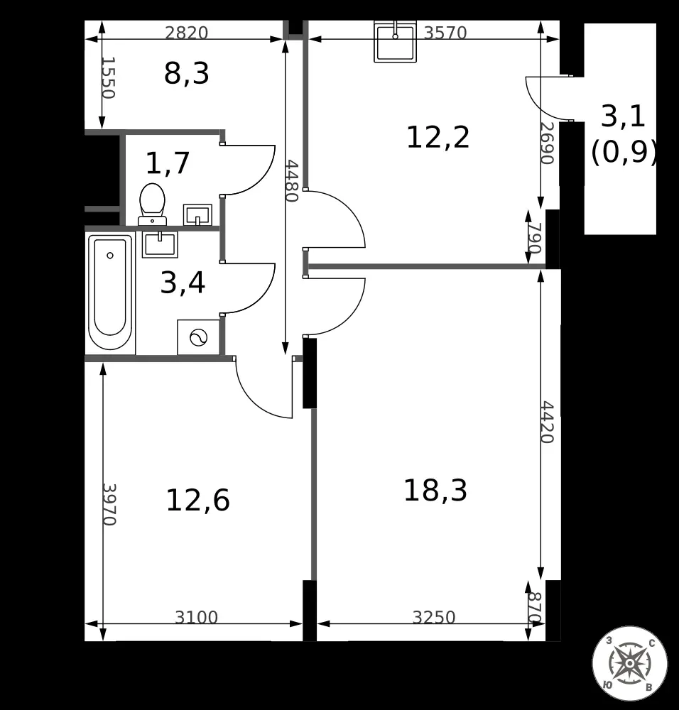 2-комнатная, 57,4 м² — 13 447 442 ₽