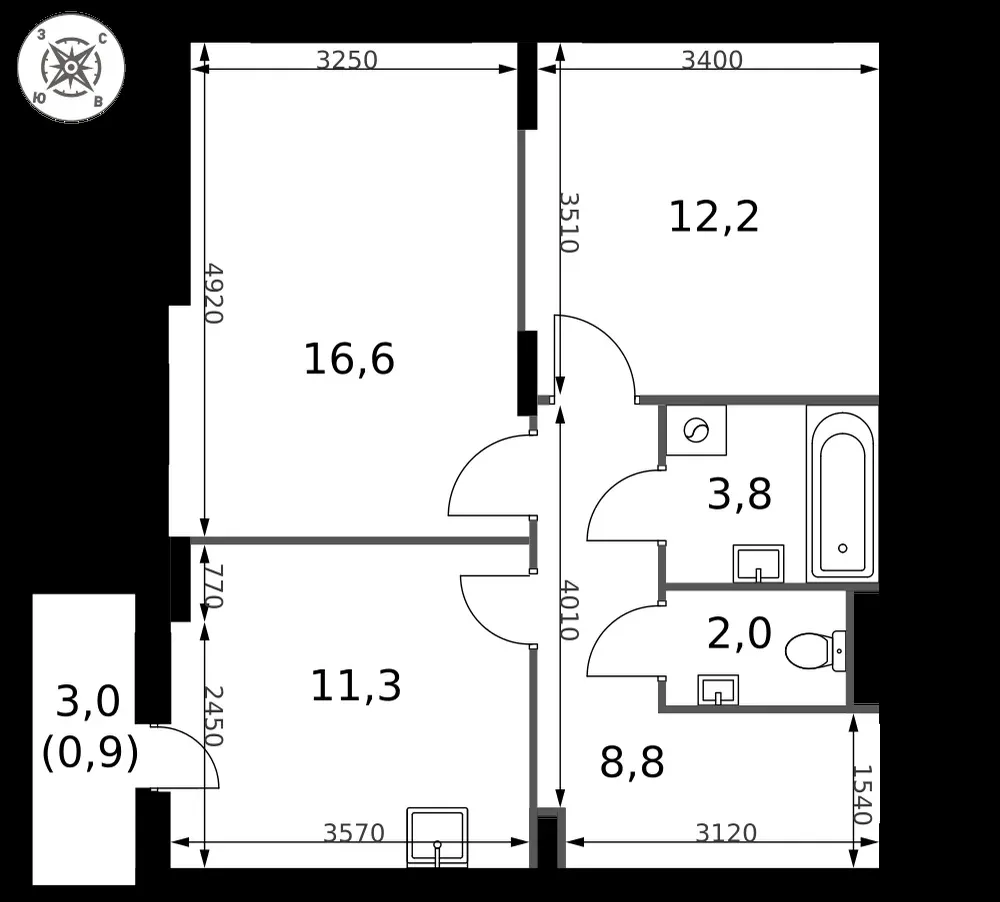 2-комнатная, 55,6 м² — 12 848 771 ₽