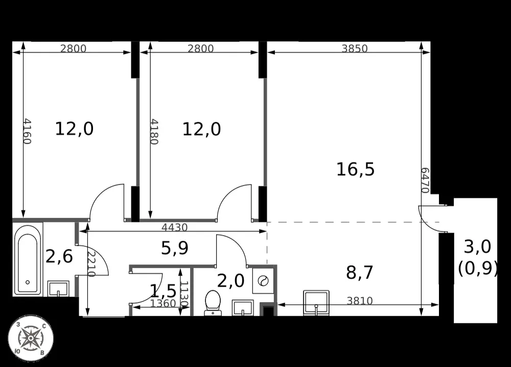 3-комнатная, 62,1 м² — 13 259 592 ₽
