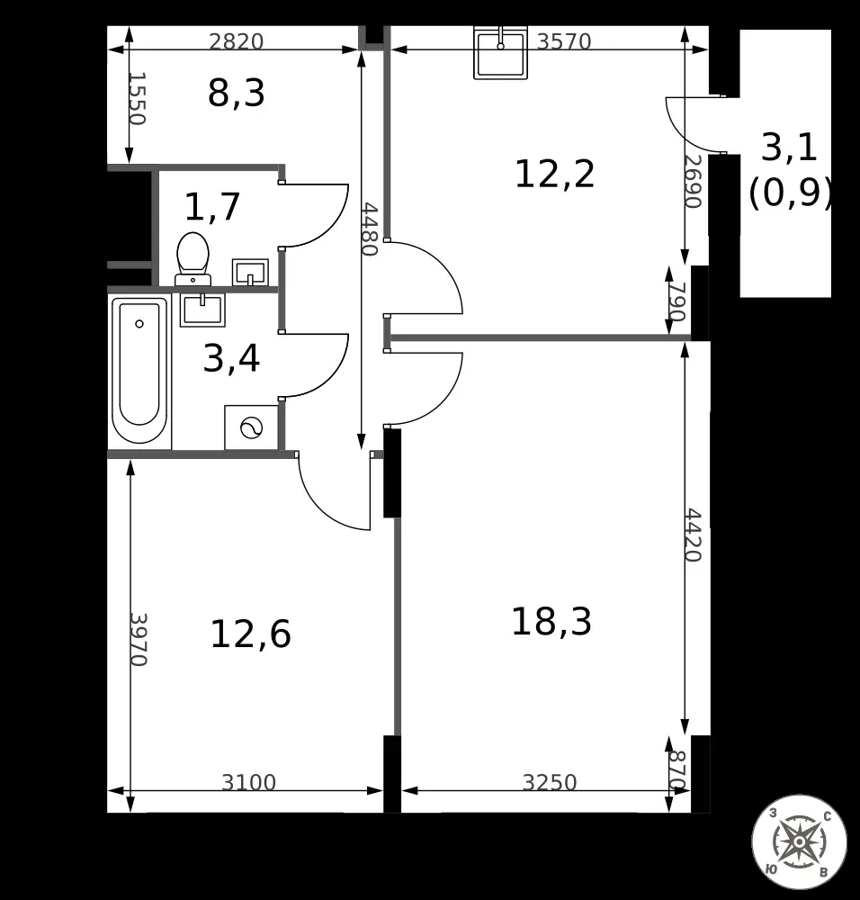 2-комнатная, 57,4 м² — 13 457 086 ₽