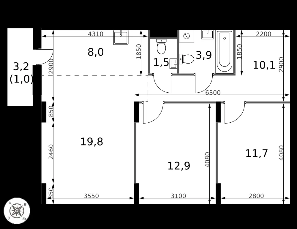 3-комнатная, 68,9 м² — 13 378 658 ₽