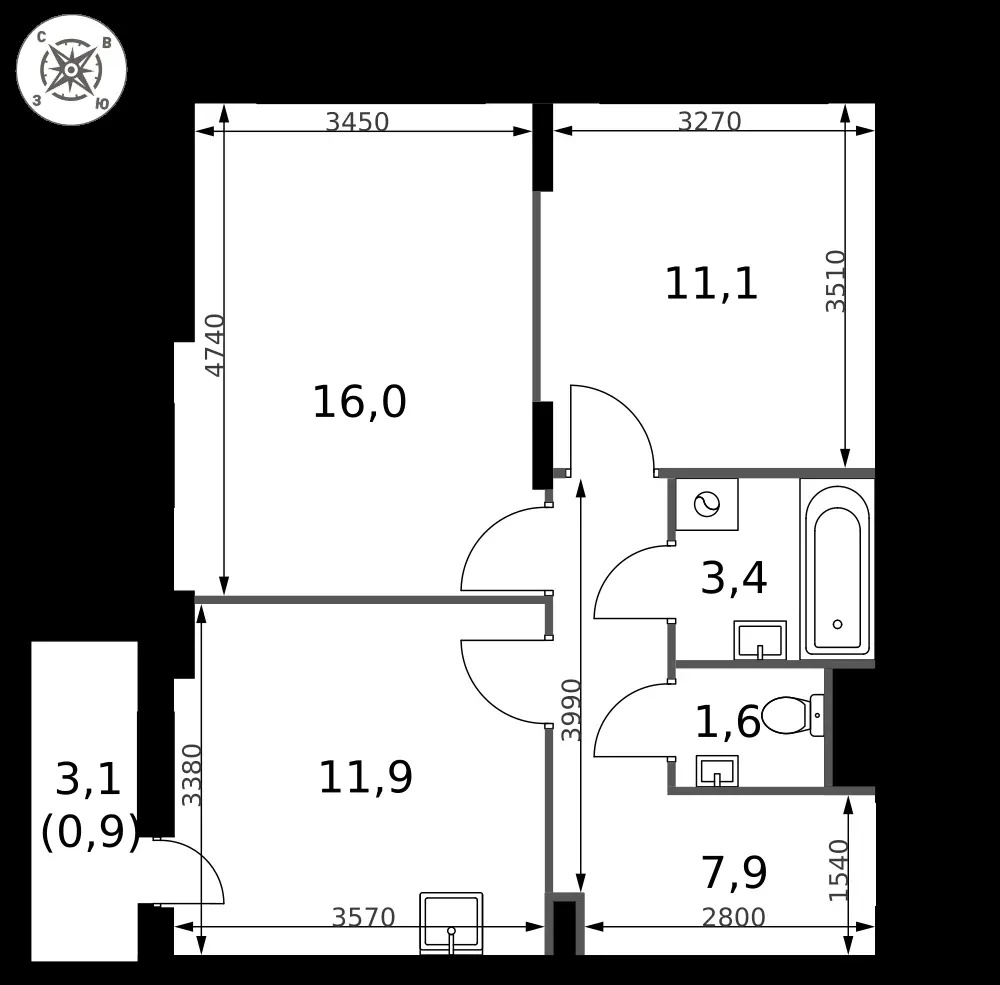 2-комнатная, 52,8 м² — 13 437 706 ₽