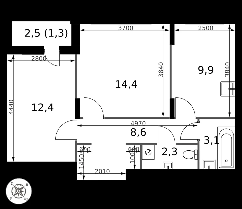 2-комнатная, 52 м² — 14 864 304 ₽