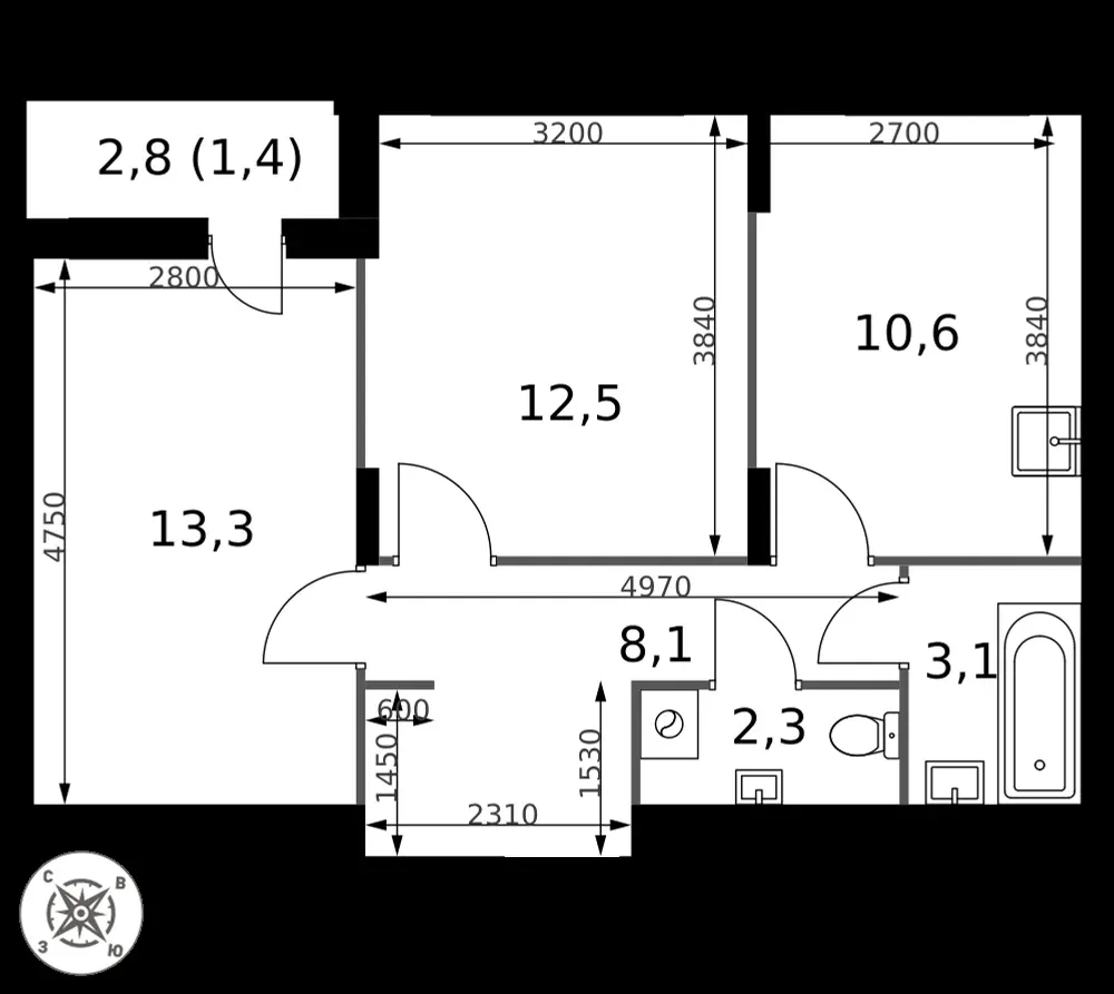 2-комнатная, 51,3 м² — 14 935 687 ₽
