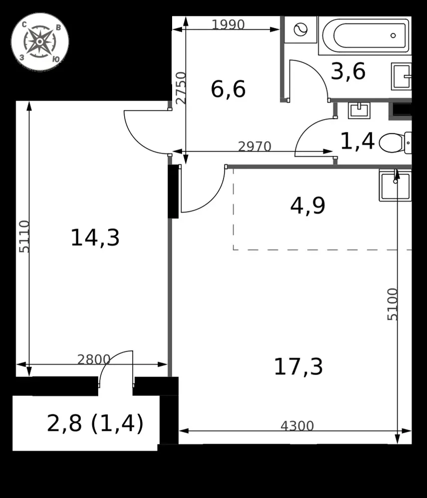 2-комнатная, 49,5 м² — 12 289 118 ₽