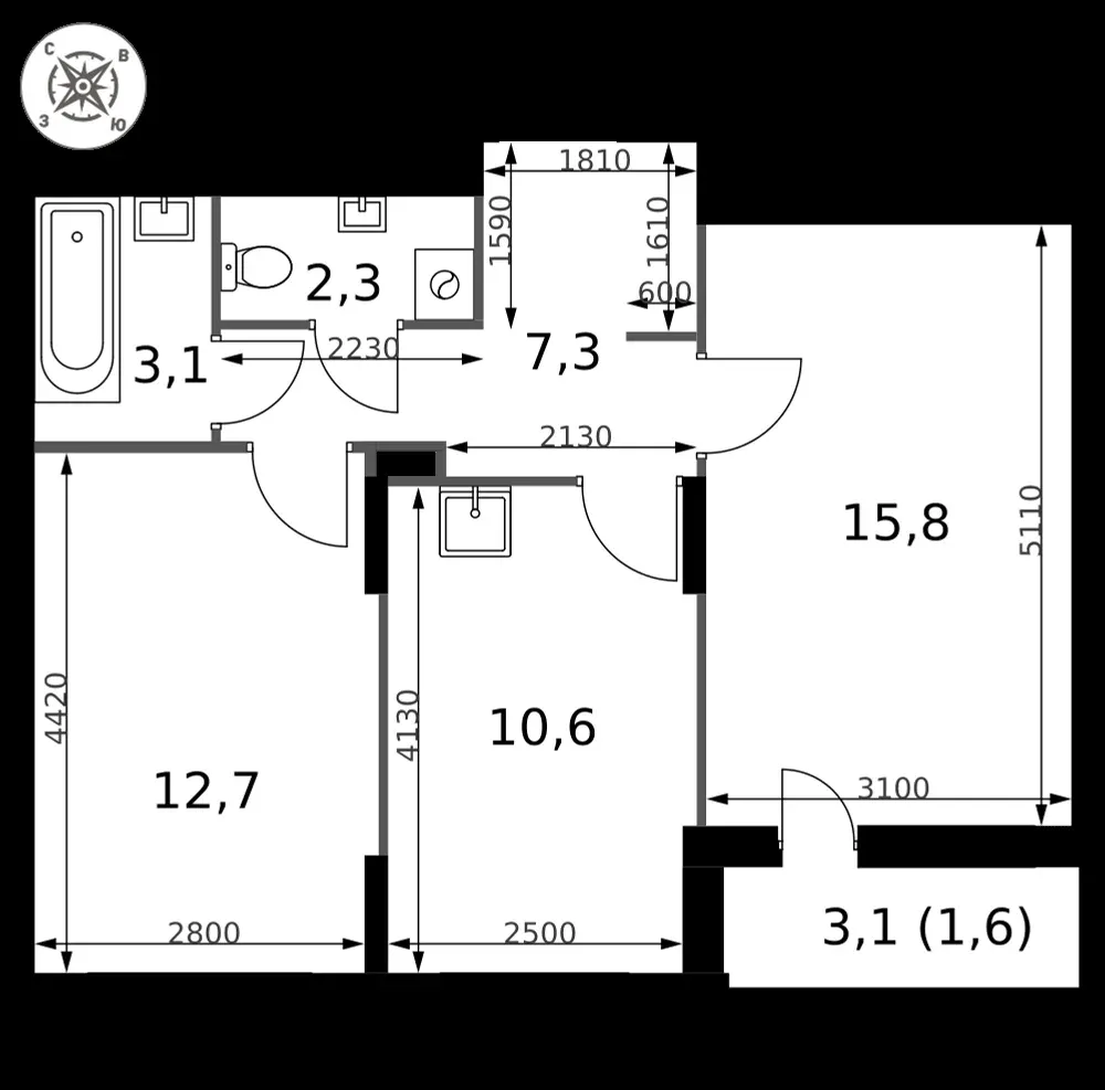2-комнатная, 53,4 м² — 12 894 017 ₽
